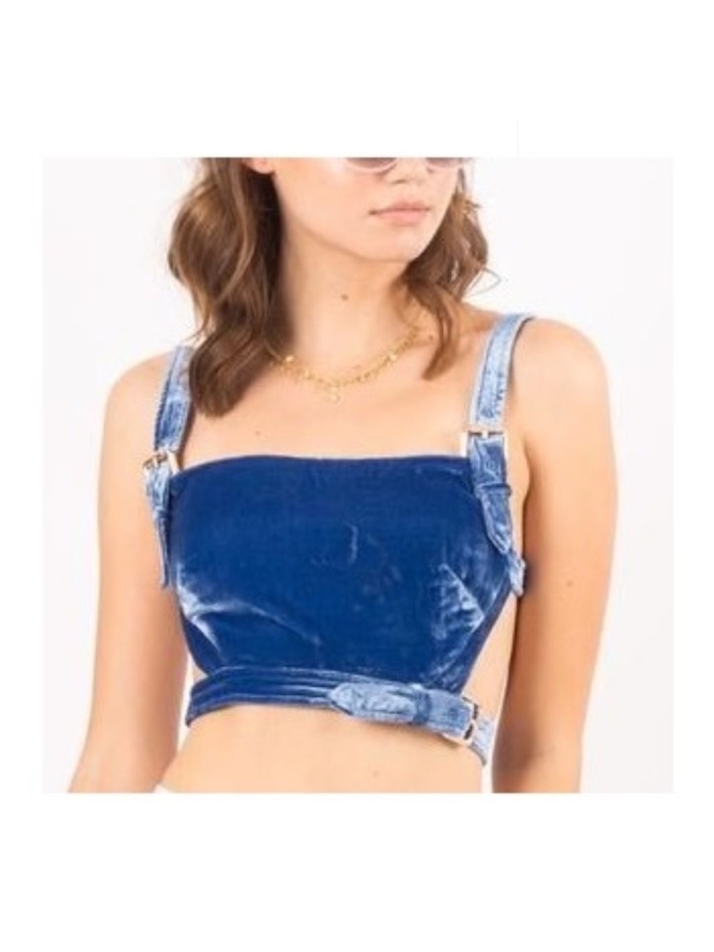 For Love & Lemons Blue Velvet Buckle Strap Crop Top Small